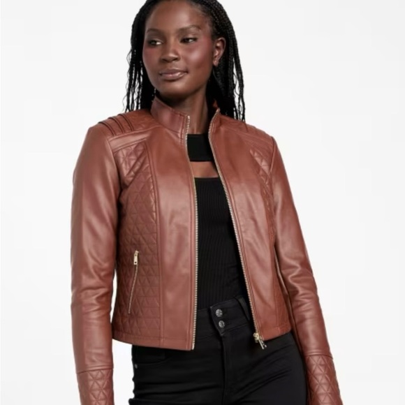 Guess Y2K Brown Quilted Leather Jacket Size Large - Picture 1 of 7